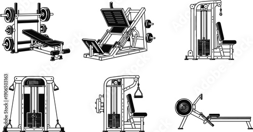 Gym equipment silhouettes collection, bench press, leg press, lat pulldown, cable crossover, shoulder press, rowing machine, fitness training elements, flat vector illustration