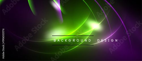 Abstract neon lines create vibrant green, purple glow. Dark background emphasizes dynamic energy, modern design elements.