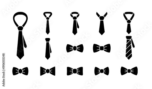 Tie silhouette icon set with necktie and bow tie vector