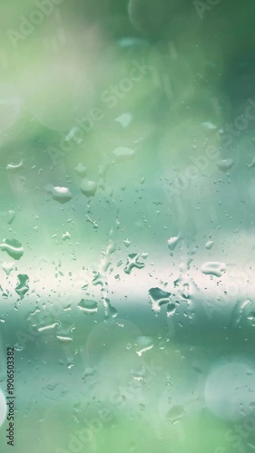 しとしと降る雨と窓ガラスの水滴　緑の森と梅雨の情緒