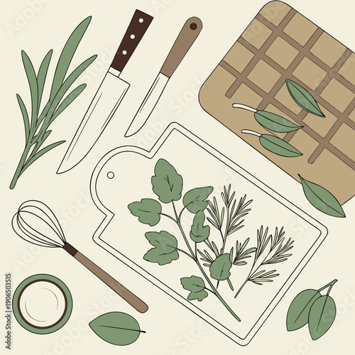 Clean Kitchen Counter Flat Lay with Utensils and Fresh Herbs