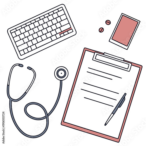 Minimal Medical Workspace Flat Lay, Stethoscope and Supplies