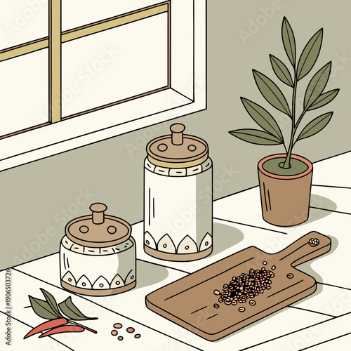 Modern Kitchen Counter Decor, Ceramic Jars and Wooden Elements