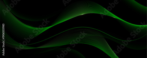 Dynamic green waves flow with neon glowing light on dark background. Abstract vector illustration of line trails and futuristic tech energy effect, speed motion of wavy and spiral mesh