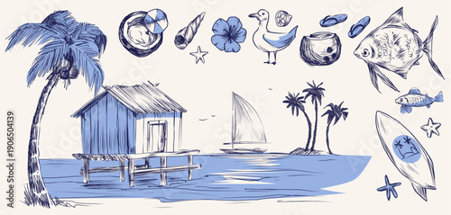 Vintage sketch beach illustration with palm trees, hut and yacht or boat. Vector illustration of summer coastal paradise with retro hand drawn surfboard and tropical flowers, coconut and seashells