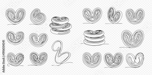 Set of continuous line drawing of palmier cookies, sweet pastry, and baked goods.