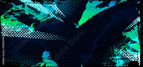 Dynamic grunge sport black background with brush strokes, blue paint splatter and halftone texture. Abstract vector illustration, geometric sporty design, frame for athletic posters and event template