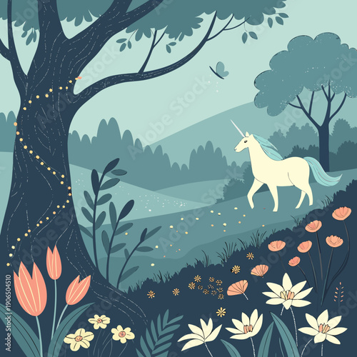 Enchanted magical garden with vibrant fantasy flowers and glowing elements