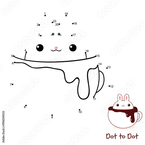 Connect The Dots and Draw Cute bunny in cup. Dot to dot puzzle - cartoon animal in cup in kawaii style. Educational Game for Kids. Drawing for Preschool children. Vector Illustration EPS8