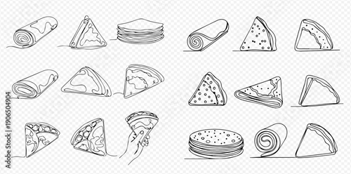 Set of hand-drawn pancakes, crepes, blinis, and blintzes in various shapes and forms, including rolled, folded, and stacked, with different fillings, isolated on a transparent background.