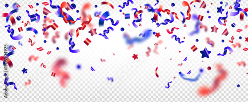 American confetti border with red and blue ribbons falling on transparent background. Patriotic USA frame for July 4th celebration, Independence Day party, or Memorial Day greeting template design.