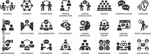 Human interaction icon set. Communication, people, connection, friends, chat, bonding, socializing, group, relationship and more
