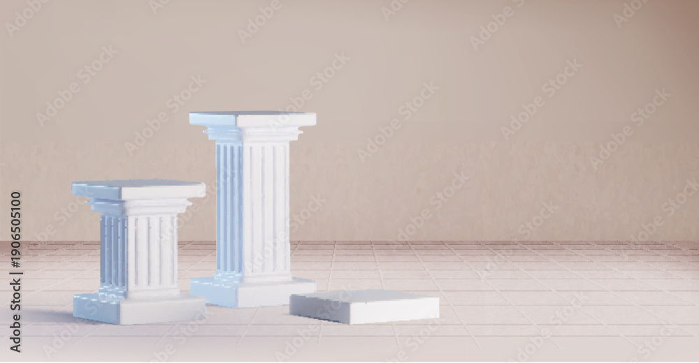 Fototapeta premium White marble coumn podiums realistic vector background. Ancient roman or greek pillars, three square stands or museum pedestals, product presentation or exhibition near beige stone wall