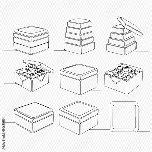 Continuous line drawing of square boxes in various arrangements, including stacked and open, suitable for packaging and gift concepts.
