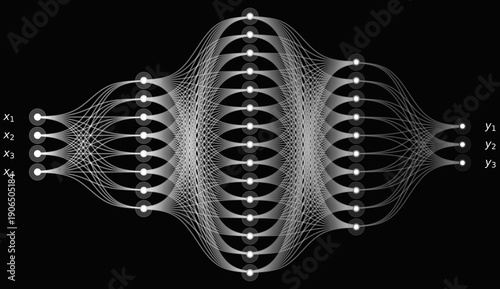 Monochrome Neural Network Diagram with 4 Inputs, 3 Outputs and 4 Hidden Layers, White on Black Abstract Computational Flow for Artificial Intelligence and Data Science Concepts
