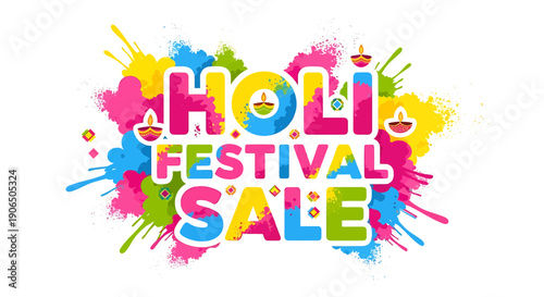 Holi Festival Sale banner with colorful paint splatters and text, vector illustration for marketing or advertising