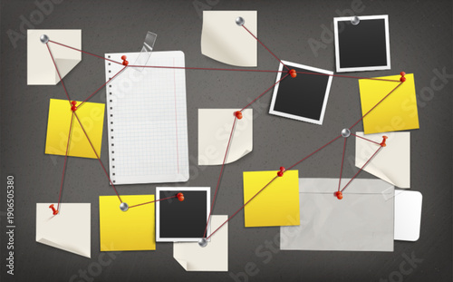 Detective investigation board with crime evidence and post it notes, photo frames, pins and red string connecting clues, blackboard background. 3d realistic vector illustration of police case analysis