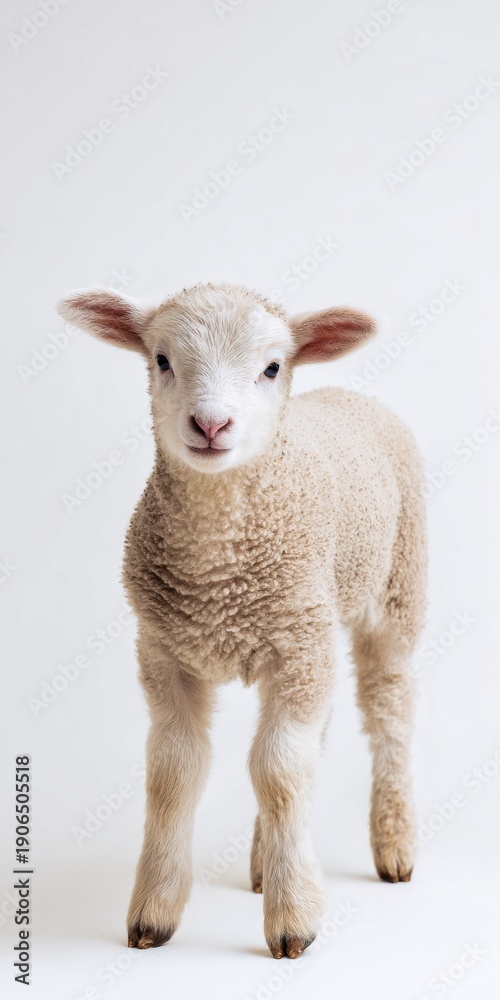 Fototapeta premium Adorable fluffy lamb standing against white background
