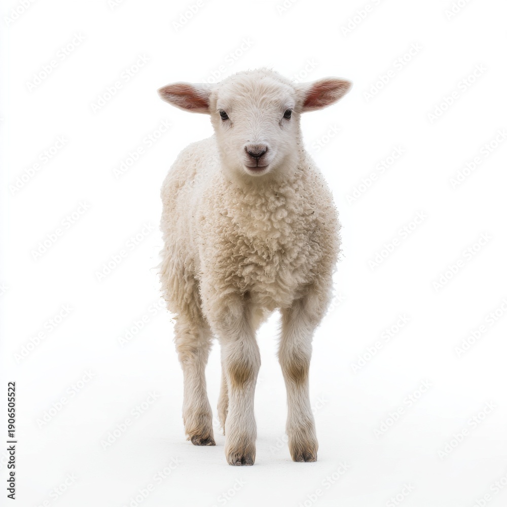 Fototapeta premium Adorable fluffy lamb on white background