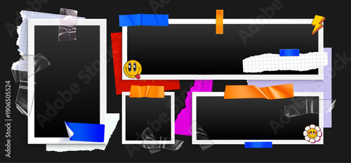 Vintage photo collage with white paper frames, transparent adhesive tape and color Y2K smiling stickers. Realistic vector illustration of nostalgic scrapbook aesthetic, torn page edges, retro camera