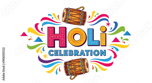 Holi Celebration vector logo with colorful splashes and drums, for festival or holiday banner or poster