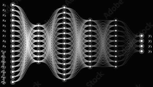 Editable Neural Network Visualization with 8 Inputs, 8 Outputs and 5 Hidden Layers, Monochrome White on Black Abstract Data Flow for Artificial Intelligence and Machine Learning Concepts
