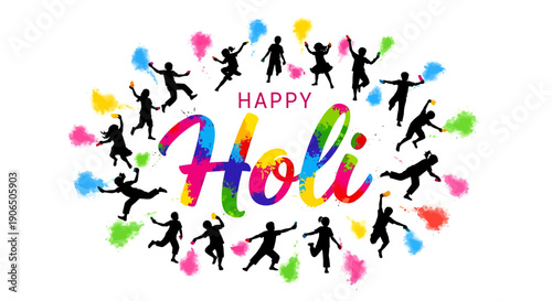 Holi festival celebration illustration with colorful powder and silhouettes, for greeting card or social media post