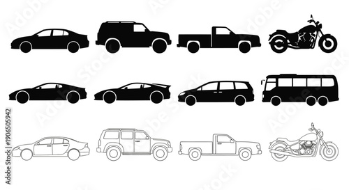 Silhouettes of various vehicles cars trucks motorcycles and buses