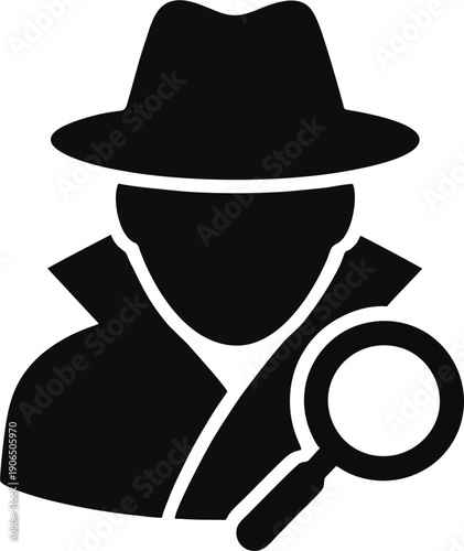 Spy Detective Icon with Fedora Hat and Magnifying Glass - Black Silhouette Vector Illustration