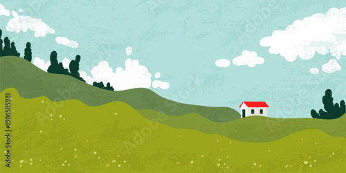 Rolling green grass hills, spring meadow under blue sky, fluffy white clouds, cartoon vector illustration. Pastel crayon peaceful countryside scenery with trees and house, nature landscape background
