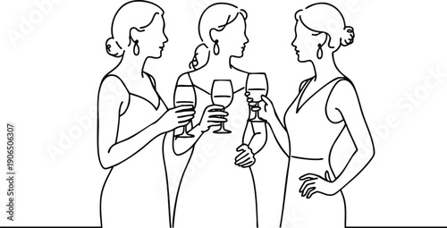 Minimalist Line Art of Three Women Toasting with Wine, Elegant Continuous Line Drawing of a Cocktail Party Scene, Stylized Vector Illustration of Friends at a Formal Social Event, vector, illustration