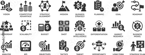 Business strategy icon set. Goal, vision, mission, planning, roadmap, business model, tactics, SWOT, competitive advantage, objectives and more.