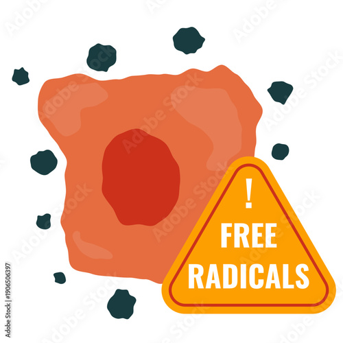 Free radicals attack sign over damaged cell. Medical vector illustration.