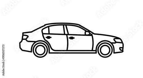 Simple black and white line drawing of a modern sedan vehicle
