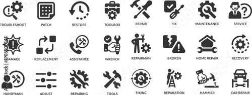 Repair icon set. Containing fix, maintenance, toolbox, assistance, broken, troubleshoot, patch and repairman service icons.