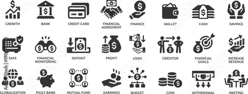 Finance icon set. Containing loan, cash, saving, financial goal, profit, budget, mutual fund, earning money and revenue icons