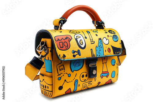 A vibrant yellow handbag with colorful doodles on a white background