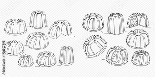 Set of hand-drawn bundt cakes and puddings in various shapes and sizes, perfect for dessert illustrations.