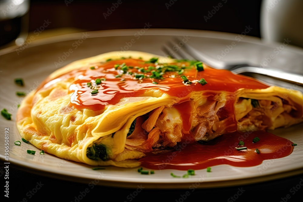 Fototapeta premium Cheese Omelette Stuffed with Pasta and Topped with Tomato Sauce