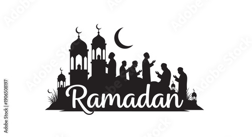Ramadan Silhouette with Mosque and Crescent Moon in Elegant Calligraphy