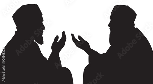 Two men communicating in silhouette against a white background with copy space