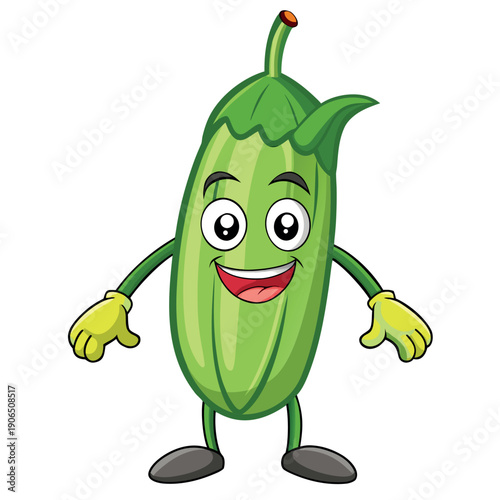 A cheerful cartoon pickle character with a big smile