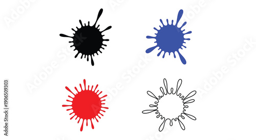 Abstract splash designs in black blue red and white silhouette