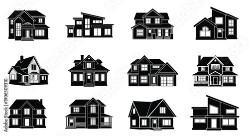 Variety of black silhouette house icons in differing architectural styles