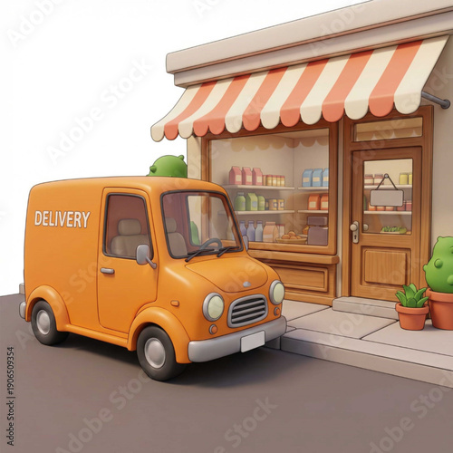 Whimsical Orange Delivery Van Parked Outside Small Cartoon Store