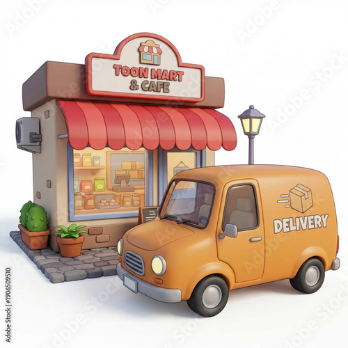Cute Shop and Delivery Van Small Business Illustration