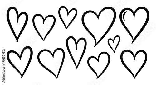 A collection of hand drawn black hearts arranged in a scattered pattern