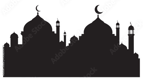 Islamic cityscape silhouette with domes and minarets at night with crescent moons
