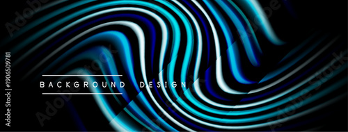 Abstract flowing lines create dynamic blue background. Modern design features smooth gradients, curves, text elements. Visually striking composition.