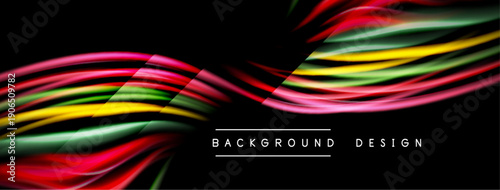 Abstract colorful waves flow across black background. Dynamic lines create modern design element. Vivid hues suggest energy, movement.